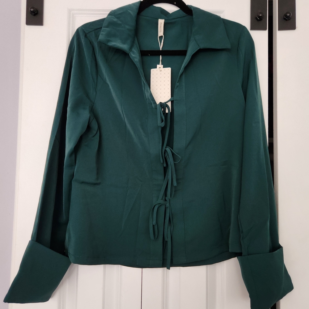 Woven Tie-Front Long Sleeve Top - Deep Teal Green